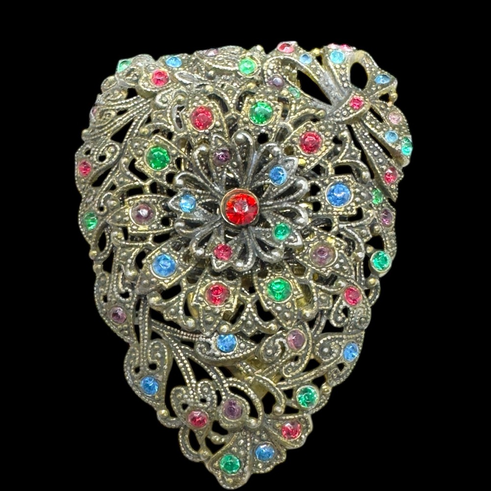 Vintage NE Glass Works Multicolored Rhinestone Floral & Bow Dress Clip